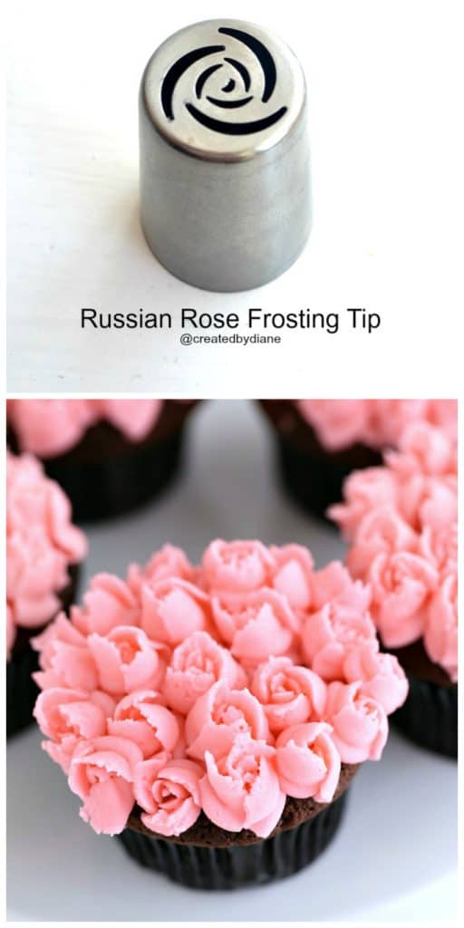 Russian Rose Frosting Tip with Pink Piped Mini Roses on Chocolate Cupcakes @createdbydiane