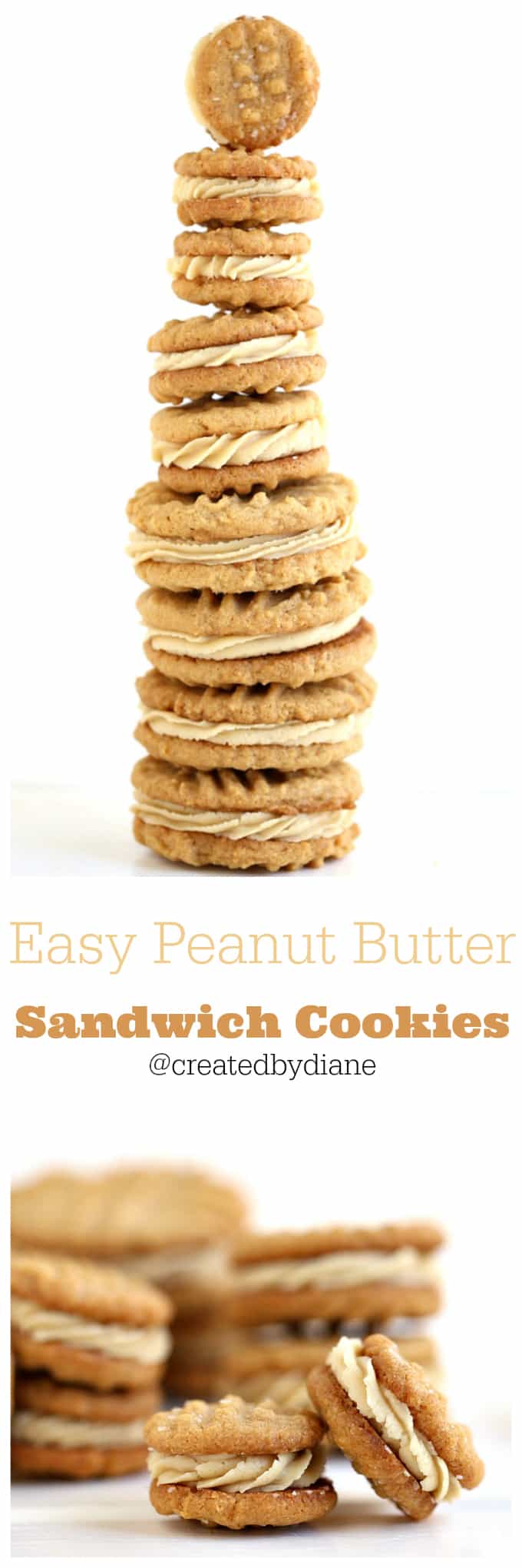 3 ingredient peanut butter cookies filled with peanut butter frosting @creaetedbydiane