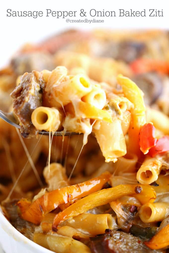 sausage-pepper-and-onion-baked-ziti-createdbydiane