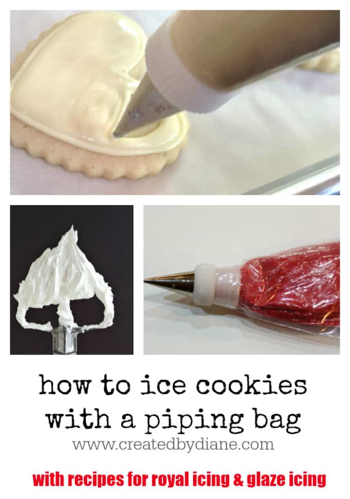 how to ice cookies with a piping bag www.createdbydiane.com with recipes for royal icing and glaze icing