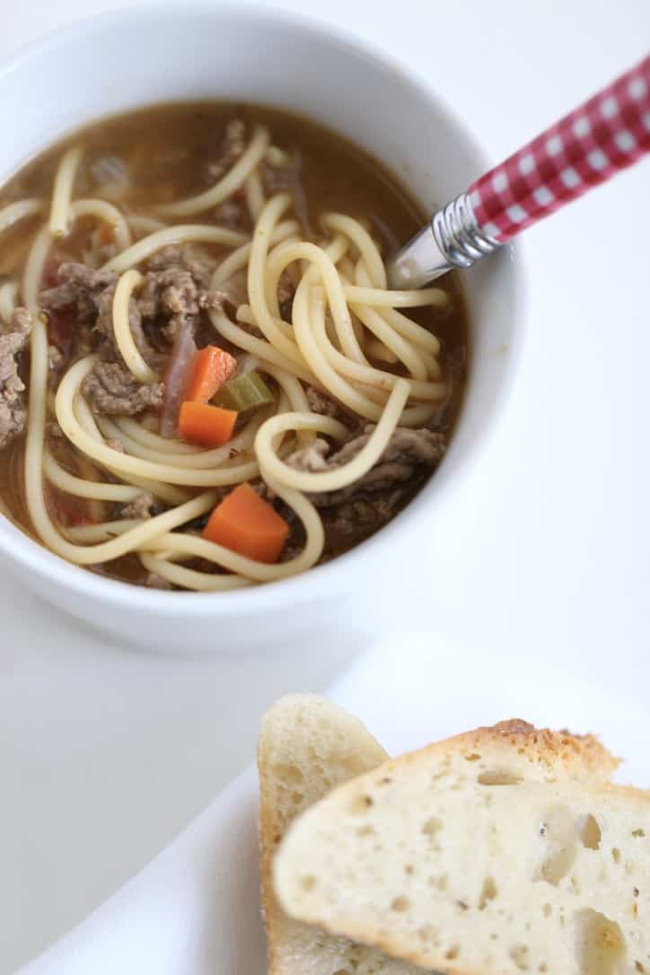 spaghetti soup, bowl of soup recipe @createdbydiane