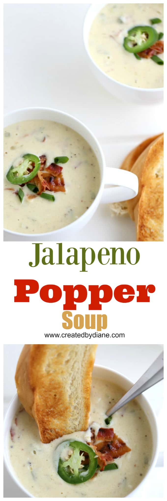 jalapeno popper soup, white bowl of thick creamy beer cheese soup with bacon and jalapenos and a slice of bread www.createdbydiane.com