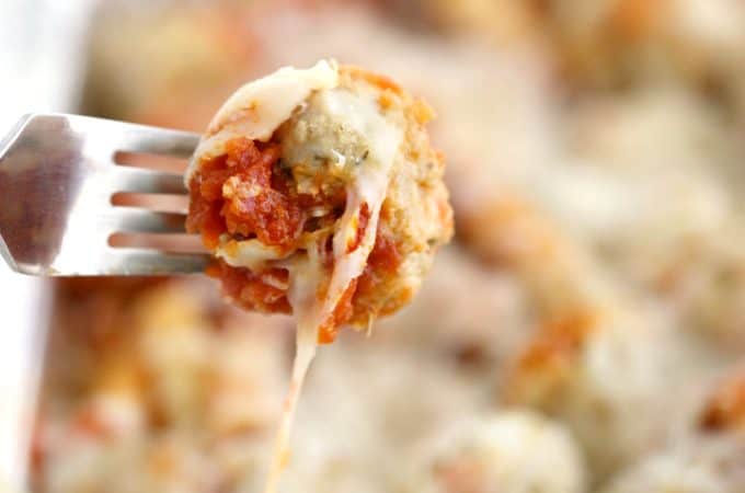 fork with chicken meatball casserole dish for a crowd