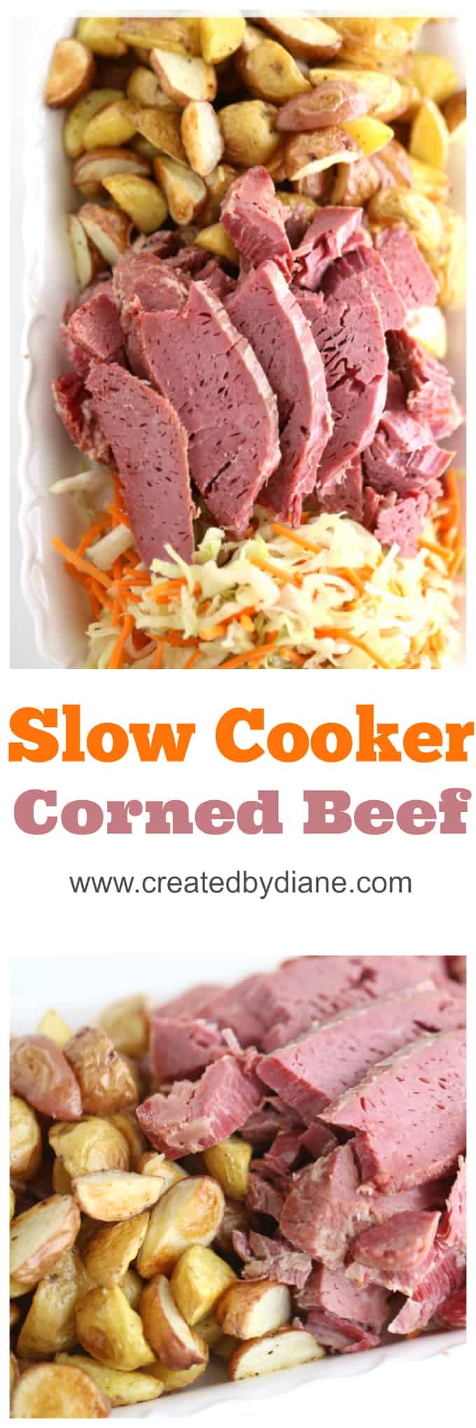 sliced corned beef from the slow cooker with roasted potatoes