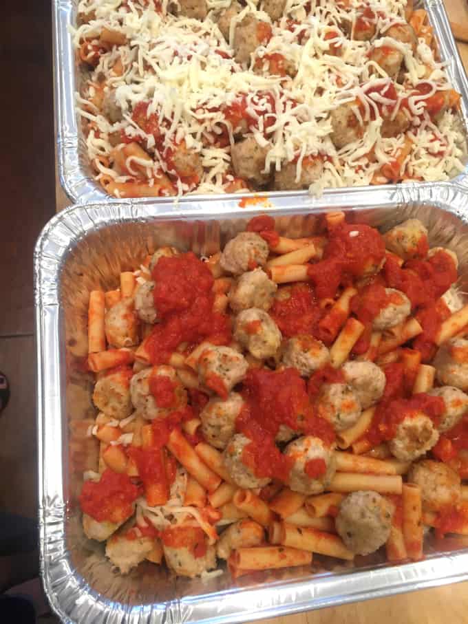 2 trays of chicken parmesan meatballs ziti