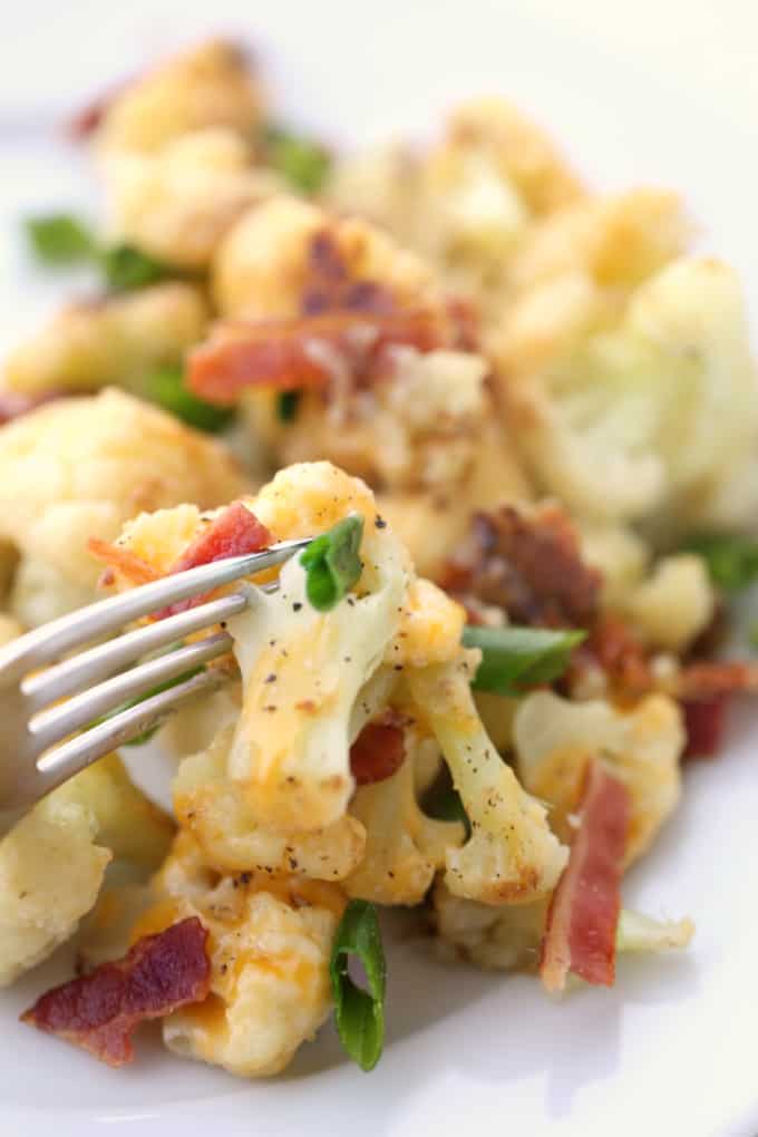 fork full of low carb cauliflower, tastes like a loaded baked potato www.createdbydiane.com