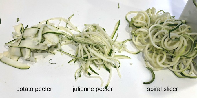 zucchini sliced with spiral slicer, potato peeler and julienne peeler www.createdbydiane.com