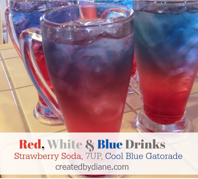 Strawberry soda, 7up and cool blue gatorade layered in a glass for patriotic celebrating.