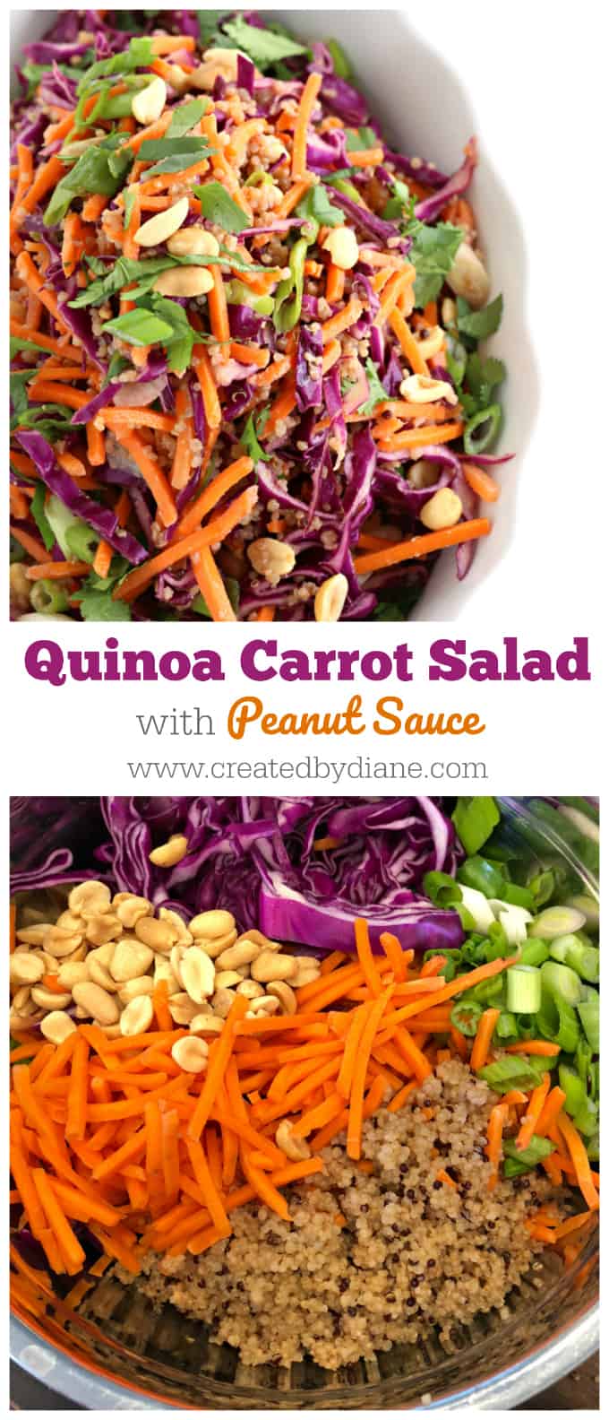 quinoa carrot salad with peanut sauce www.createdbydiane.com #lowcarb #salad #partyfood #vegetarian