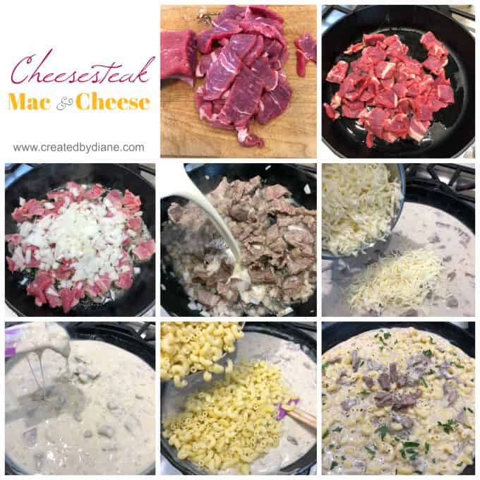 tri tip beef thinly sliced then sautéed with onions and then a creamy sauce poured over and cheese added then stirred in macaroni pasta that tastes like a cheesesteak