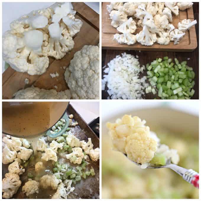 cutting cauliflower to keep it in larger pieces then to roast for a delicious low carb stuffing recipe