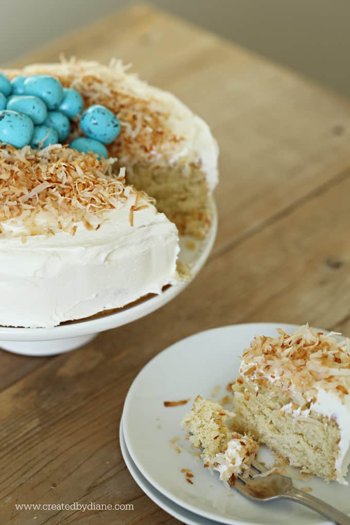 coconut cake, the perfect spring cake, easter cake, toasted coconut, robins egg