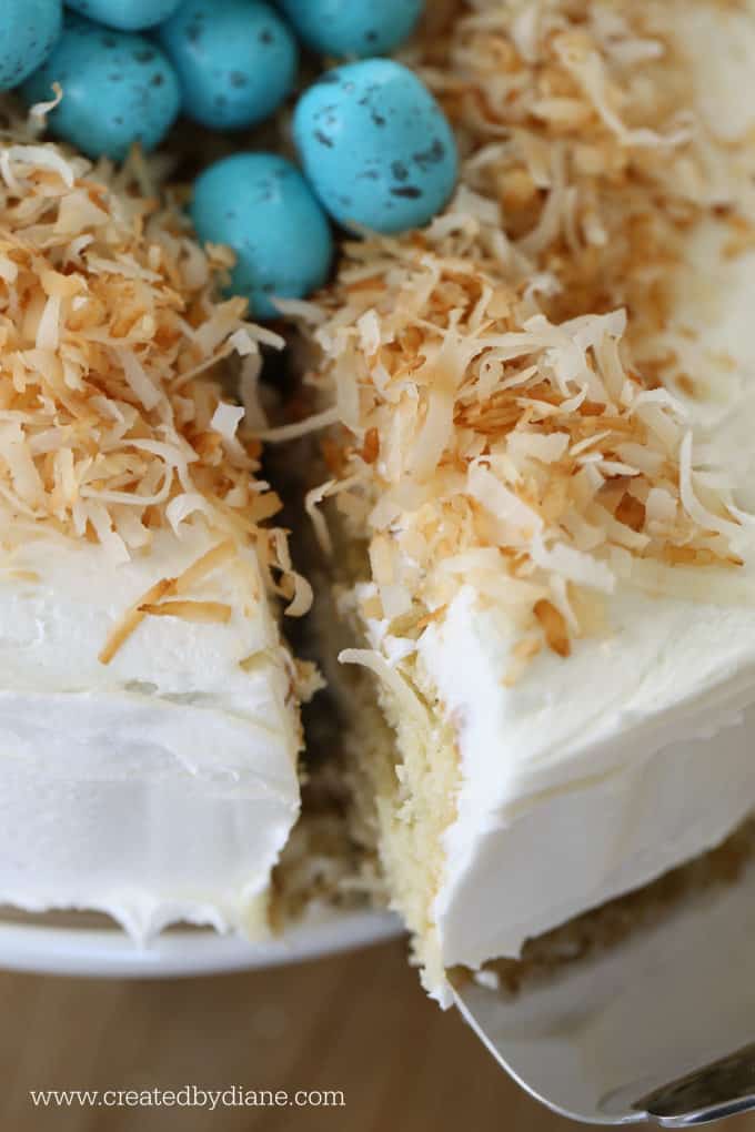 slice of coconut cake, Easter, robin egg nest www.createdbydiane.com