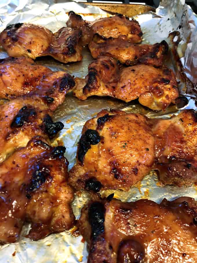 baked or grilled chicken thighs baked or grilled in a brown sugar soy marinade