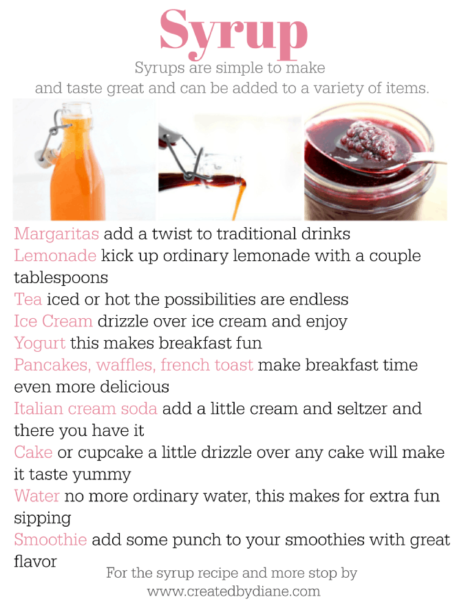 Homemade Syrup Recipes for drinks, food and adding flavor to lots of items www.createdbydiane.com