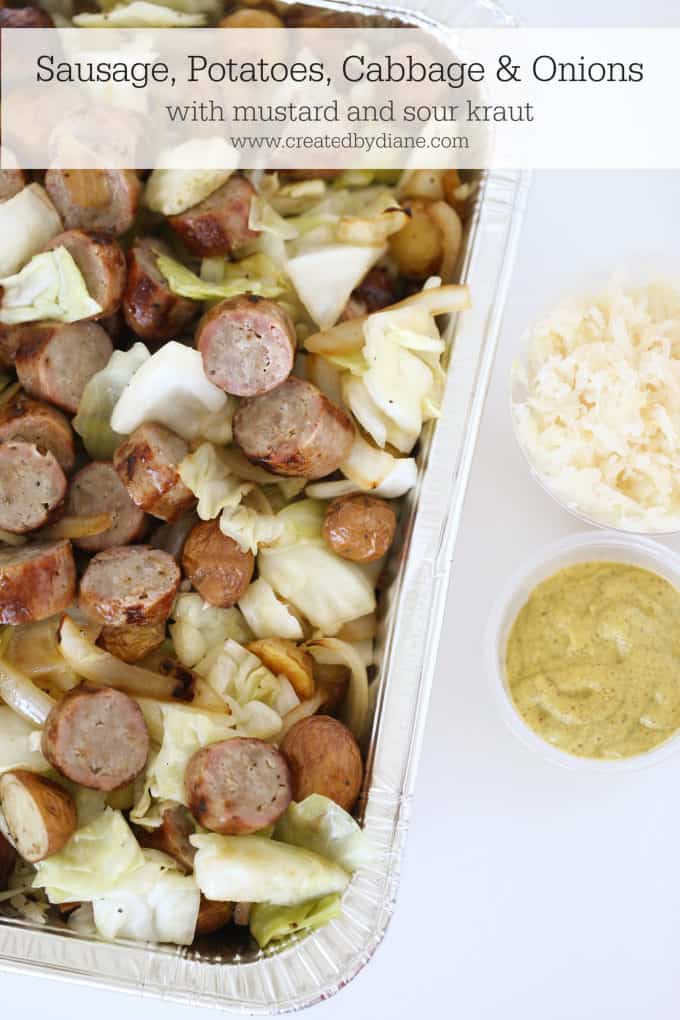 sausage potatoes cabbage and onions with mustard and sour kraut a fantastic party dish, covered dish, www.createdbydiane.com