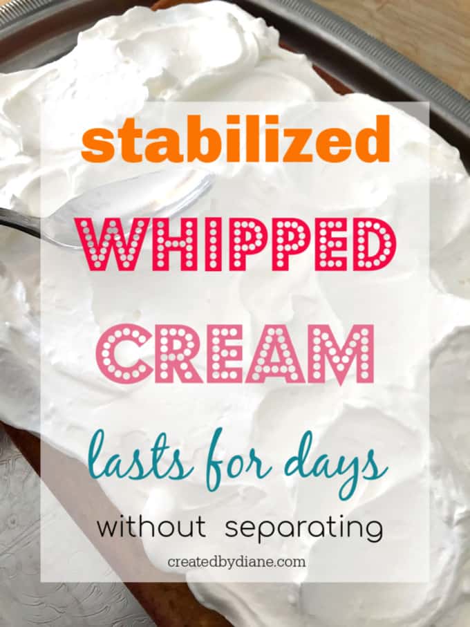 stabilized whipped cream ready in minutes lasts for days in the fridge, on cake or cupcakes