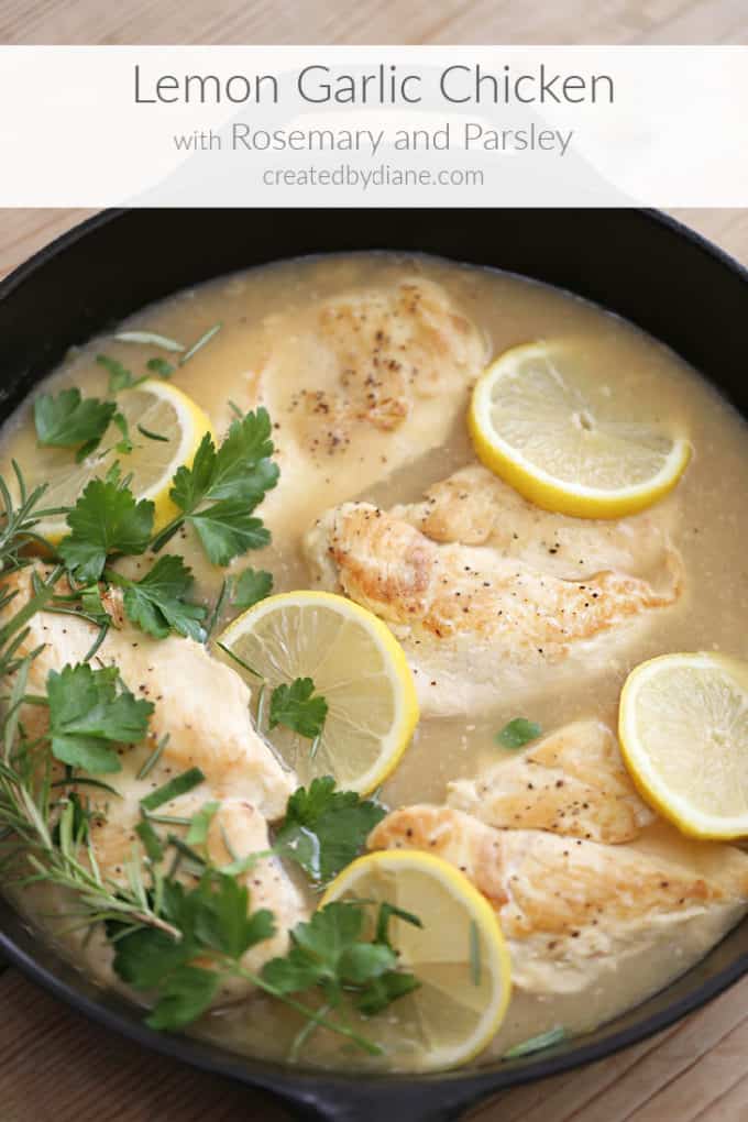 lemon garlic rosemary chicken breasts cooked in a cast iron skillet createdbydiane.com