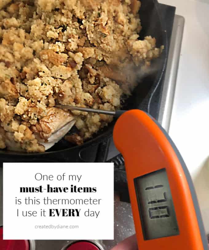 cast iron skillet chicken and stuffing with my must have thermometer