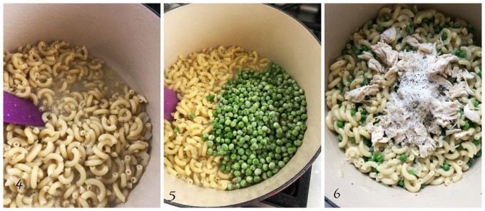 cooking pasta and peas with chicken