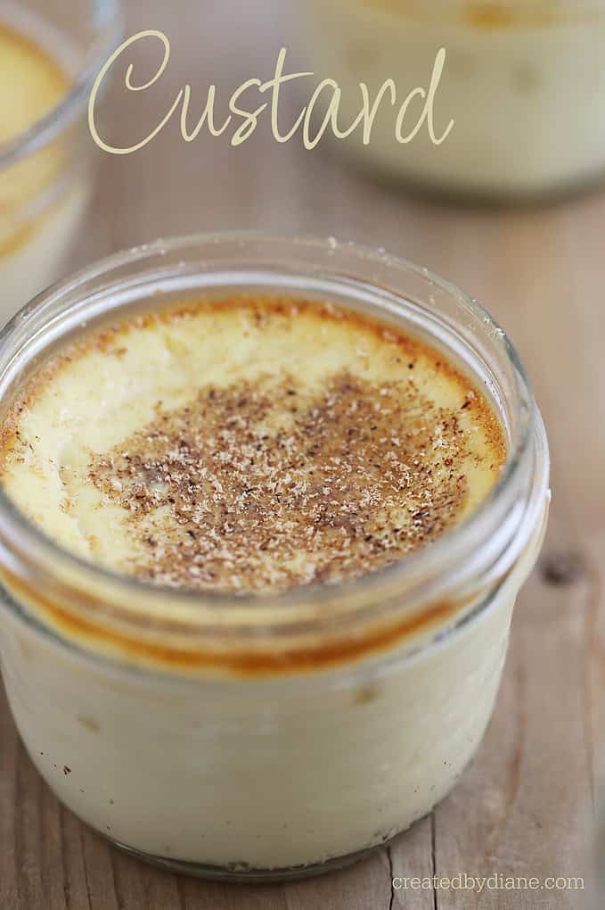 custard recipe in glass 8 oz jars. Baked, with nutmeg on top. homestyle recipe from createdbydiane