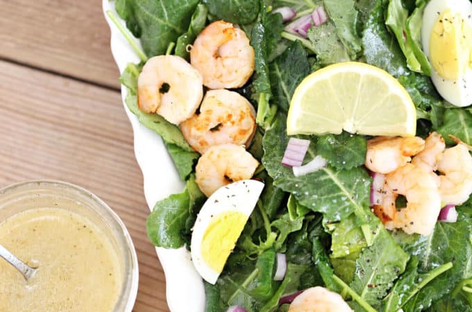 kale salad with shrimp and lemon garlic dressing
