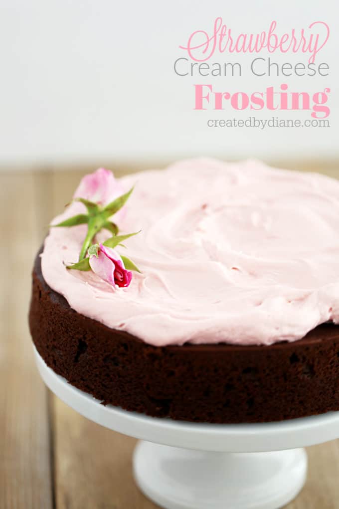 single layer chocolate cake and pink strawberry cream cheese frosting recipe createdbydiane.com