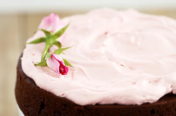 single layer chocolate cake and pink strawberry cream cheese frosting recipe createdbydiane.com