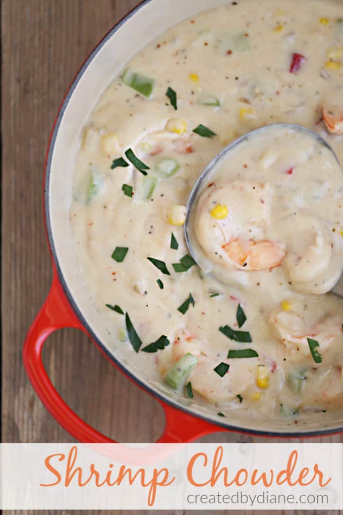 thick creamy sweet and smokey shrimp chowder recipe from createdbydiane.com