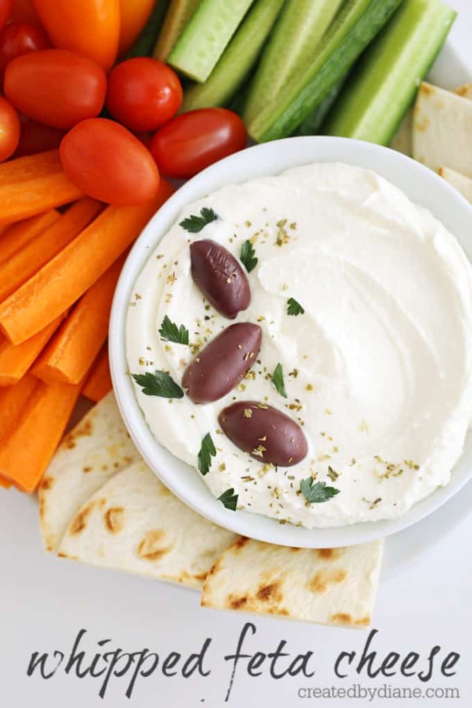 whipped feta cheese, spread, dip, topping great for appetizer, beef sandwiches, dipping chicken into 