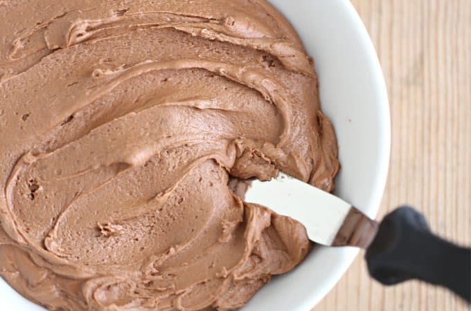 Chocolate Fudge Frosting Recipe in a white bowl with small offset spatula