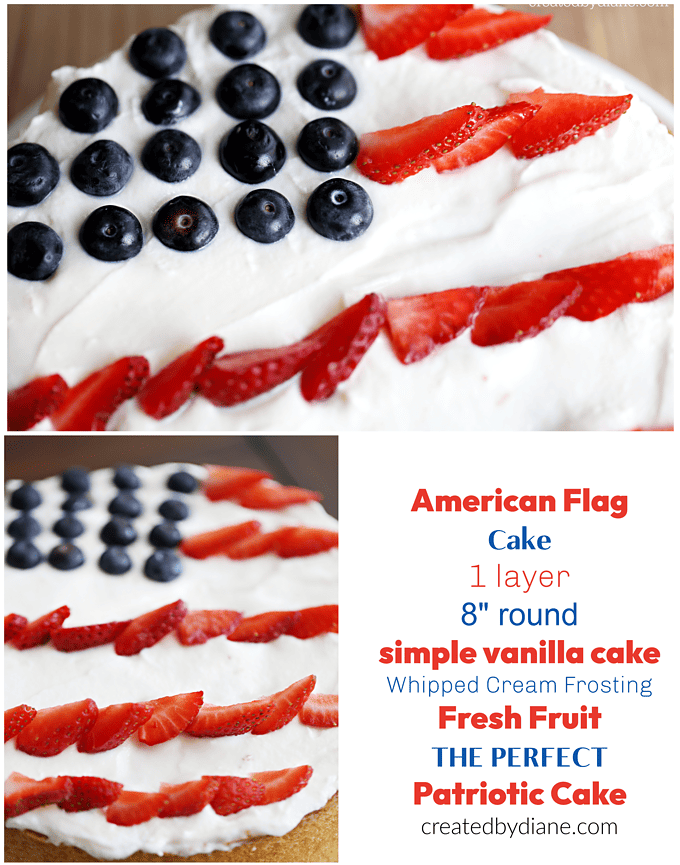 single layer vanilla cake with whipped cream with strawberry slices and blueberries on top for the perfect Patriotic American Flag Cake createdbydiane.com