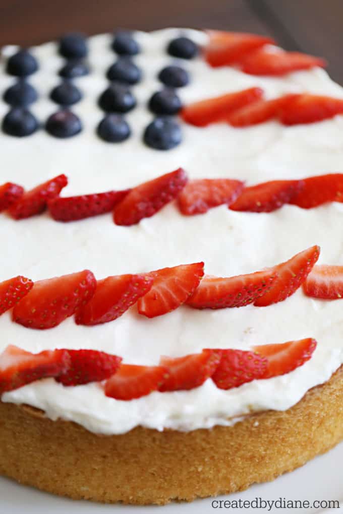 American flag cake 8 round single layer vanilla cake with stailized whipped cream frosting and berries createdbydiane.com