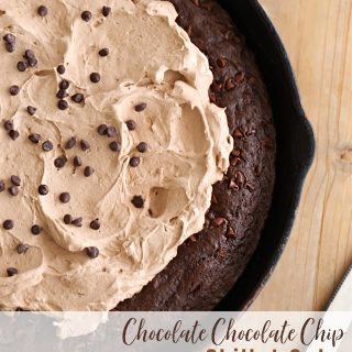 chocolate chocolate chip skillet cake recipe with chocolate pudding frosting createdbydiane.com