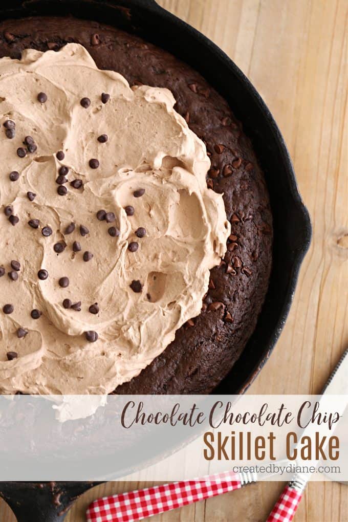 chocolate chocolate chip skillet cake recipe with chocolate pudding frosting createdbydiane.com
