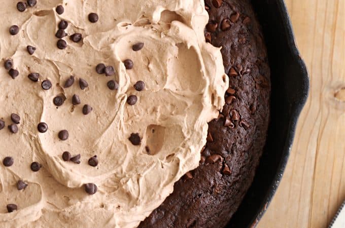 chocolate chocolate chip skillet cake recipe with chocolate pudding frosting createdbydiane.com