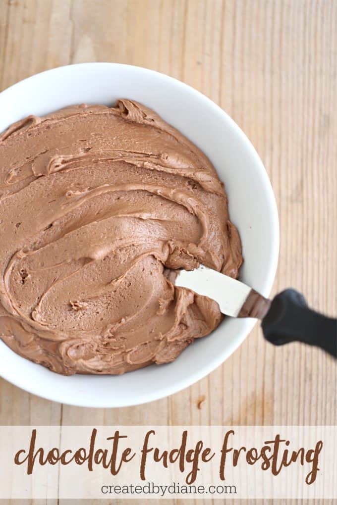 Chocolate Fudge Frosting Recipe in a white bowl with small offset spatula