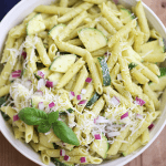 easy and delicious pesto with zucchini pasta salad red onion, basil and romano cheese createdbydiane.com