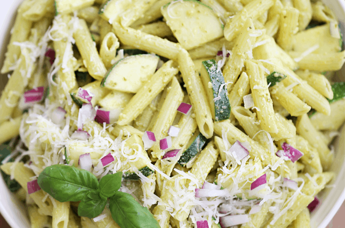 easy and delicious pesto with zucchini pasta salad red onion, basil and romano cheese createdbydiane.com