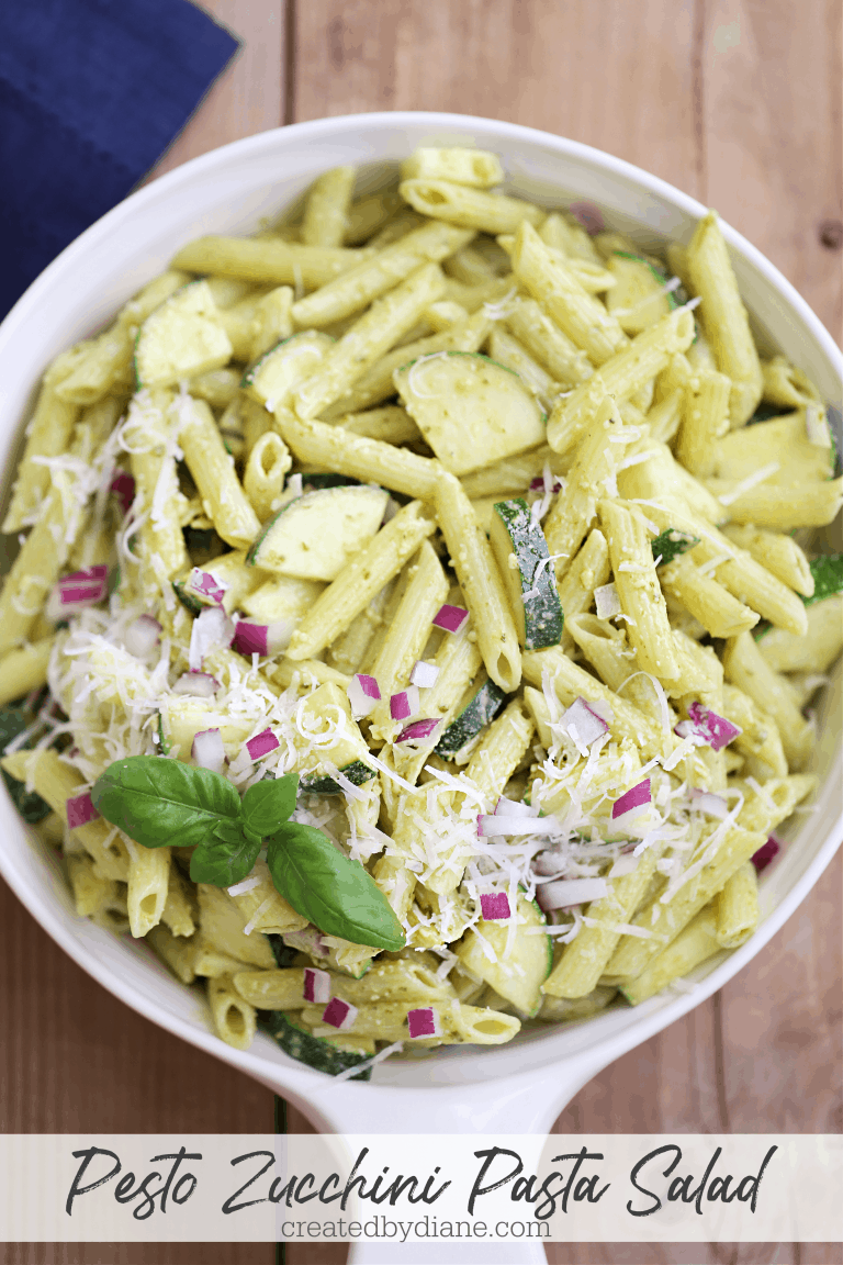 easy and delicious pesto with zucchini pasta salad red onion, basil and romano cheese createdbydiane.com