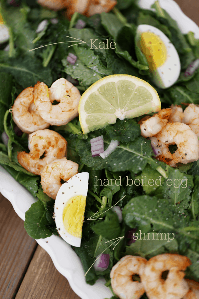 kale, hard boiled egg, shrimp salad with lemon garlic dressing createdbydiane.com