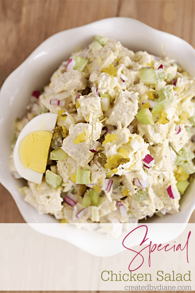 Special Chicken Salad Recipe with hard boiled eggs, dill relish tates like CHICK FIL A's chicken salad createdbydiane.com