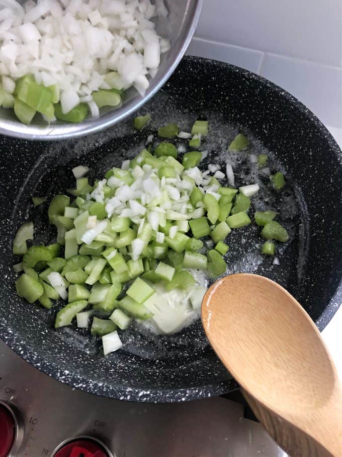 sauteed onions and celery for Thanksgiving stuffing recipe createdbydiane.com