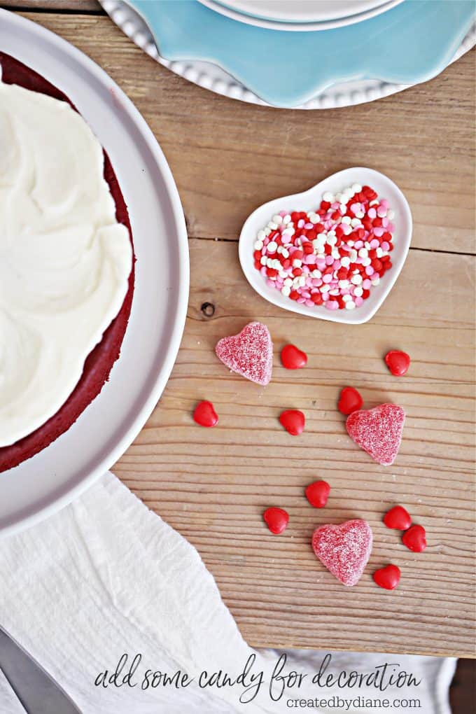 add some candy for decoration on red velvet cake #valentine #candy #heart createdbydiane.com