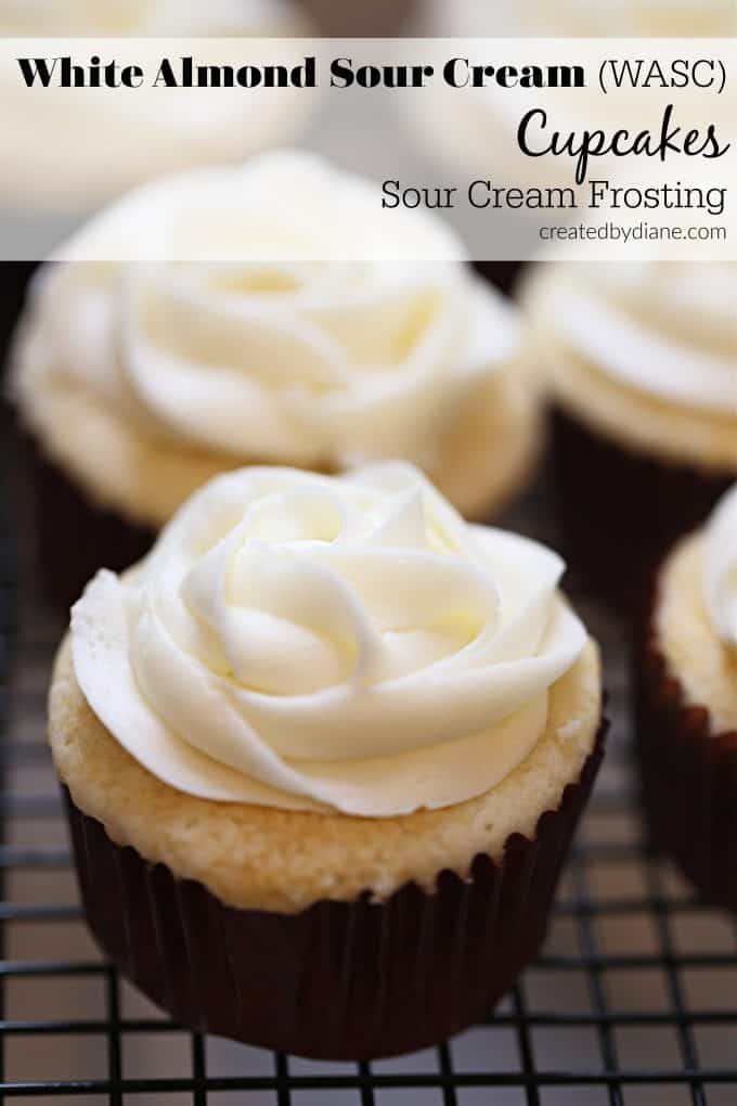 White Almond Sour Cream Cupcakes with sour cream frosting from createdbydiane.com