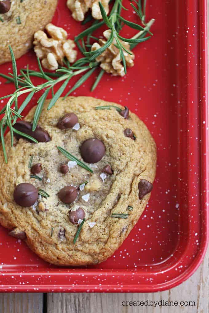 crispy edge, soft chewy center, rosemary chocolate chip cookies createdbydiane.com