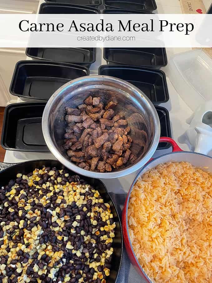 meal prep with carne asada rice beans and corn