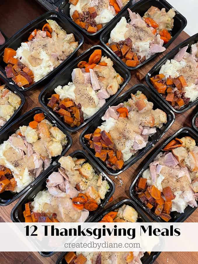 12 THANKSGIVING MEALS with all portions of items needed. createdbydiane.com simplify the holidays