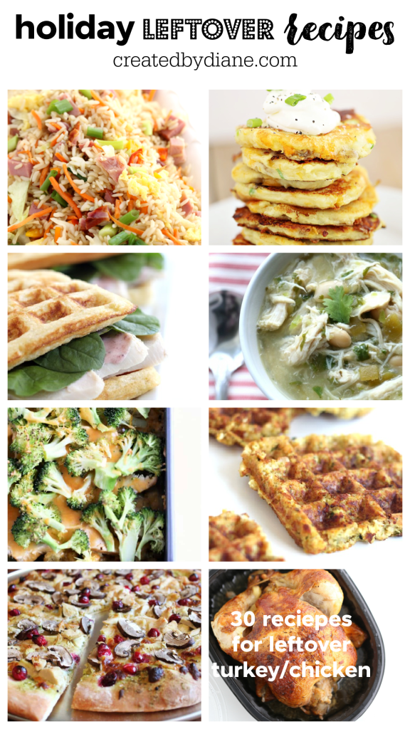 collection of holiday leftover recipes, ham, turkey, chicken made into easy leftover meals