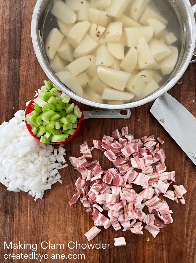 Ingredients for making clam chowder potatoes, onion, celery, bacon, clams createdbydiane.com